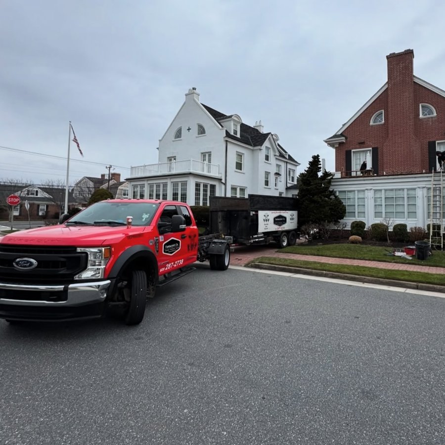 Red Fantazzia Co truck and trailer parked on a shore street